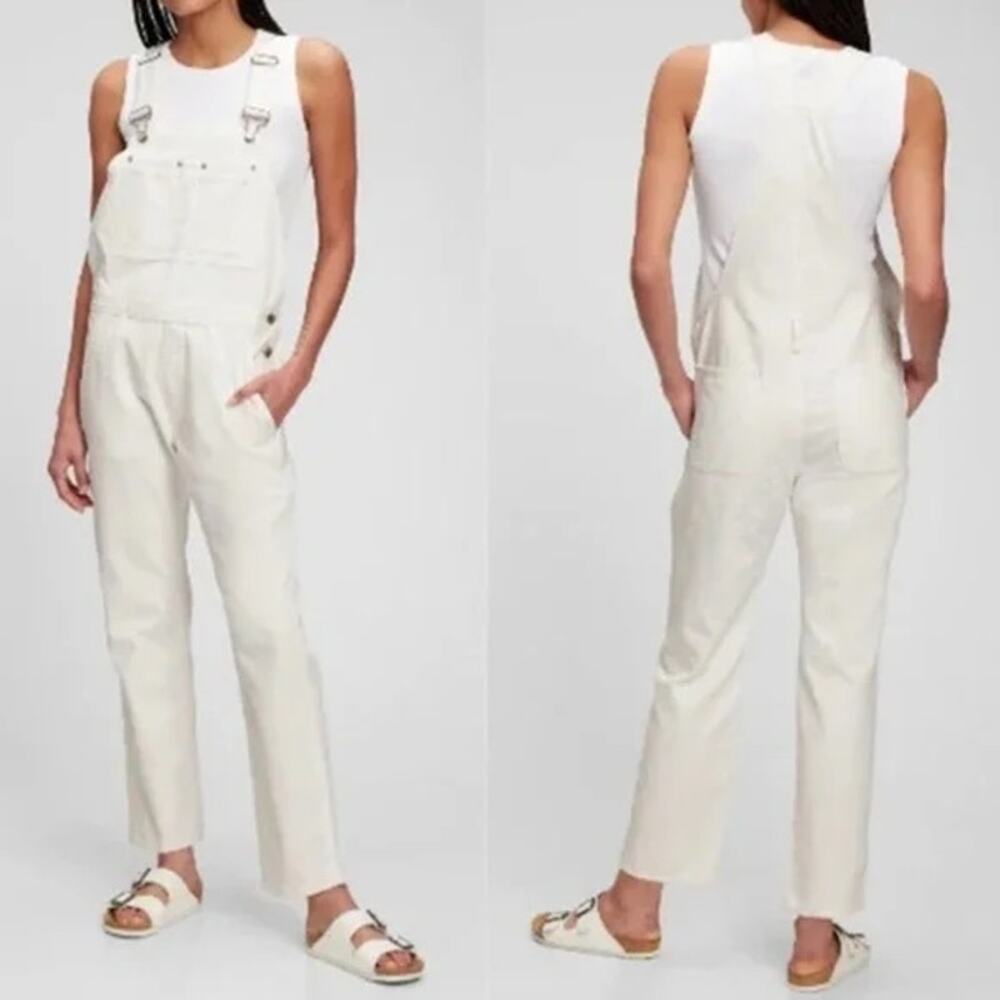 Gap (M) Ecru Creamy White Wide Leg Denim Overalls Minimalist Utility Coastal
